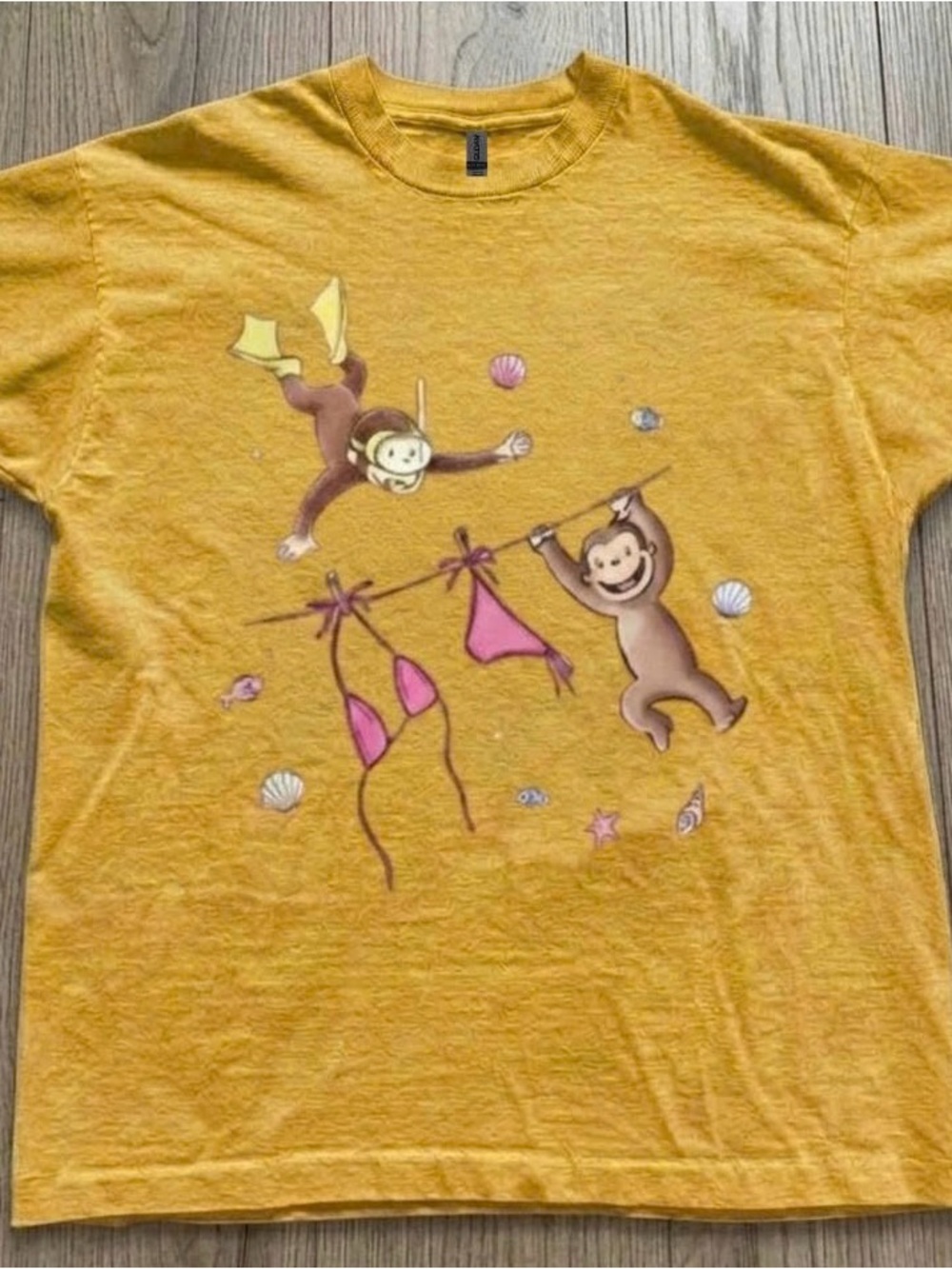 Gildan Yellow Curious George Graphic Tee with Pink Bikini Art